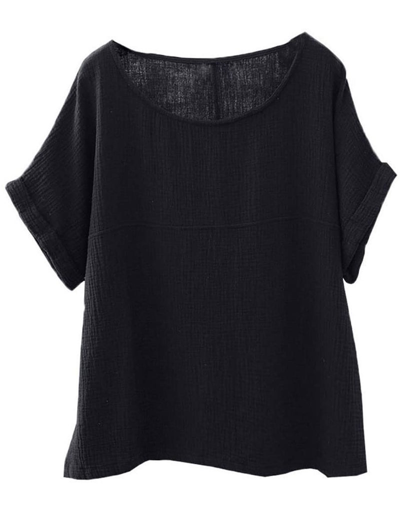 Soojun Women's Solid Round Collar Linen Tops Patchwork Shirts Blouses Black, Medium - Image 4